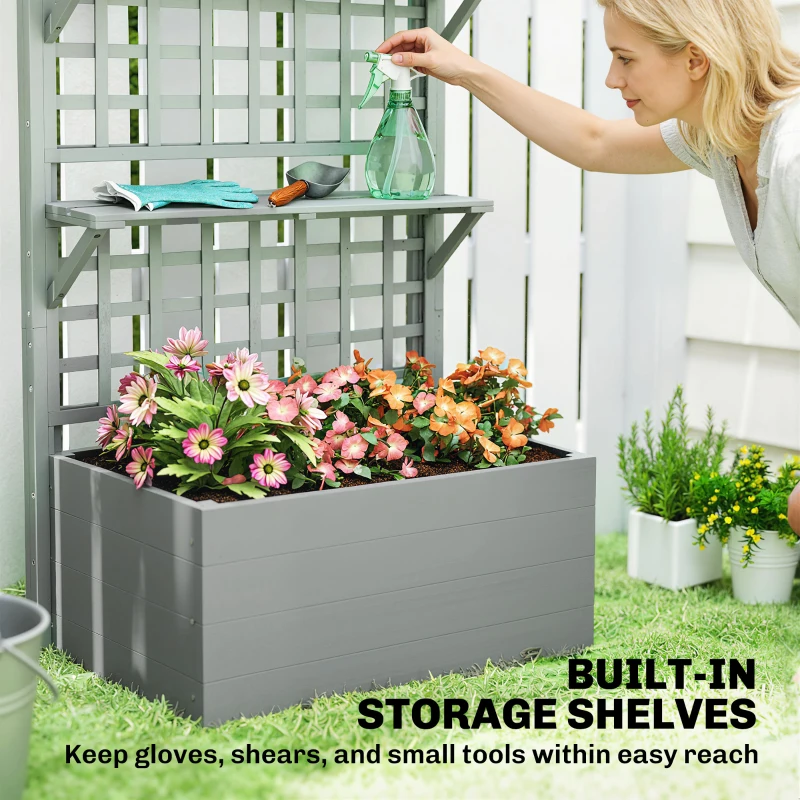 Outsunny Wooden Raised Garden Bed with Trellis and Roof, Elevated Planter Box with 2 Shelves, Drainage Hole and Liner, Grey
