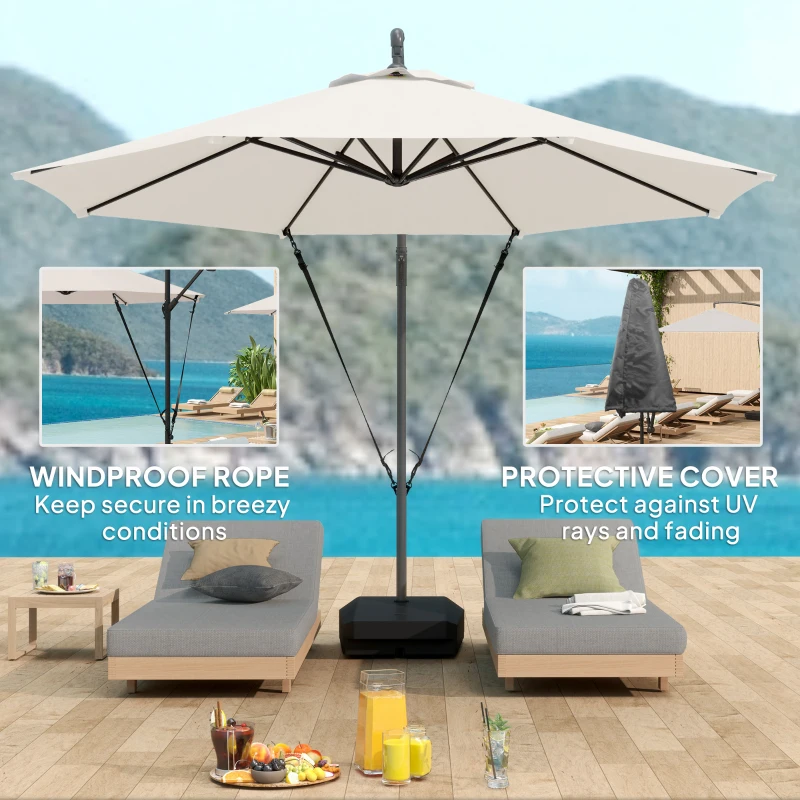 Outsunny 10FT Cantilever Umbrella with Fillable Base, Wind Strap and Cover, Offset Hanging Umbrella with Crank, Cream White
