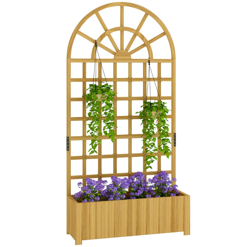 Outsunny Wooden Raised Garden Bed with Lattice Trellis, Outdoor Elevated Planter Box with Drainage Holes for Climbing Plants