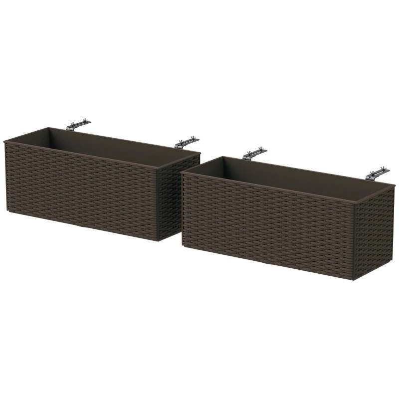 Outsunny 2 Pack 20 Inch Hanging Flower Pots, Railing Planter Box for Fence, Garden, Rattan Look, Brown