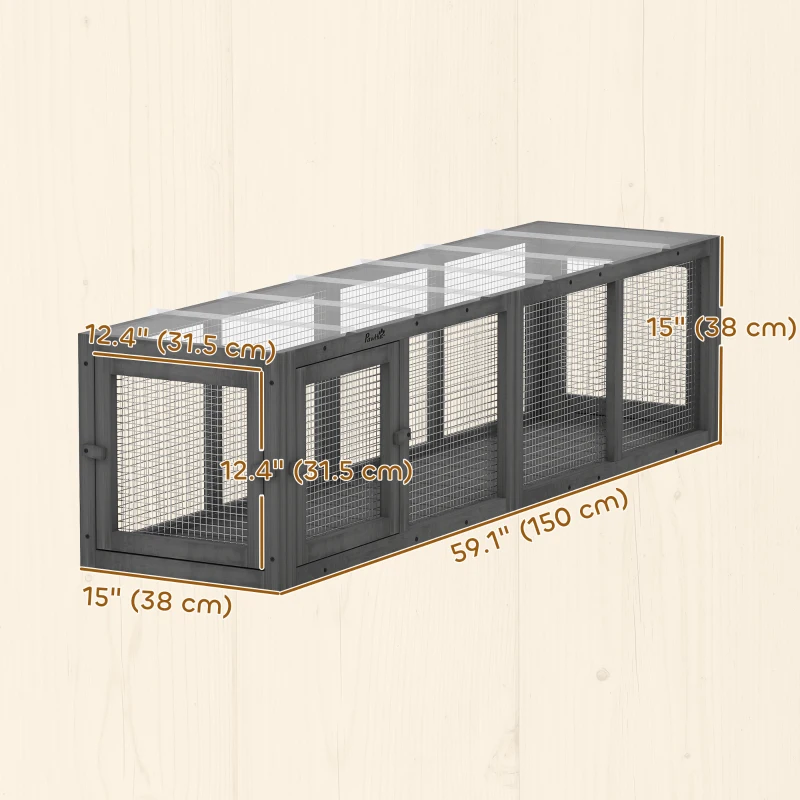 PawHut Outdoor Cat Tunnel, Wooden Play Cat Enclosure, Extendable Pet Run with 3 Doors, for Indoor and Outdoor Use, Grey