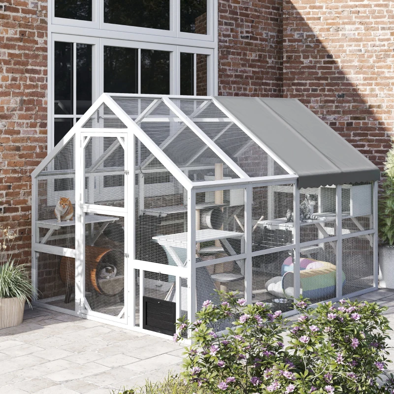 PawHut Outdoor Cat Enclosure Wooden Feral Cat House w/ Weatherproof Canopy, Bridges, Resting Boxes, Platforms, for 3-6 Cats