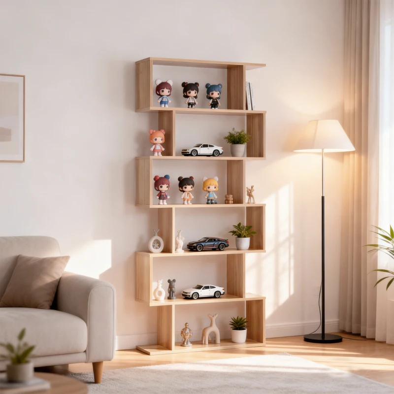 HOMCOM 76" 6-Tier Geometric Wooden Bookcase S Shaped Storage Display Bookshelf Modern shelf Open Concept Living Room Home Office Furniture, Maple