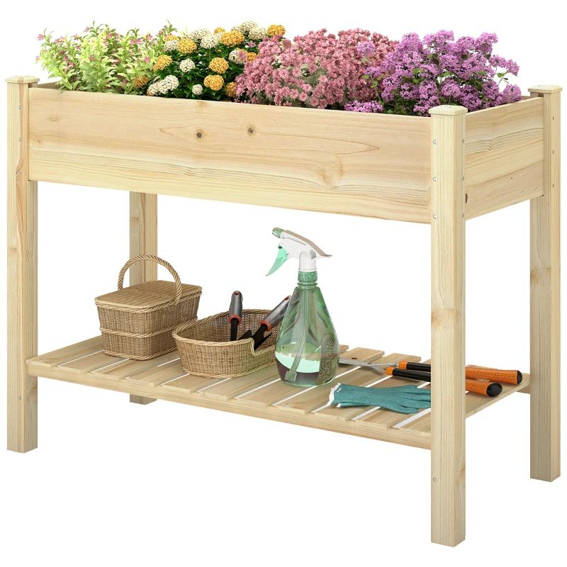 Outsunny Elevated Planter Box with Legs and Storage Shelf, Raised Garden Bed, Elevated Wooden Planter Box, Natural