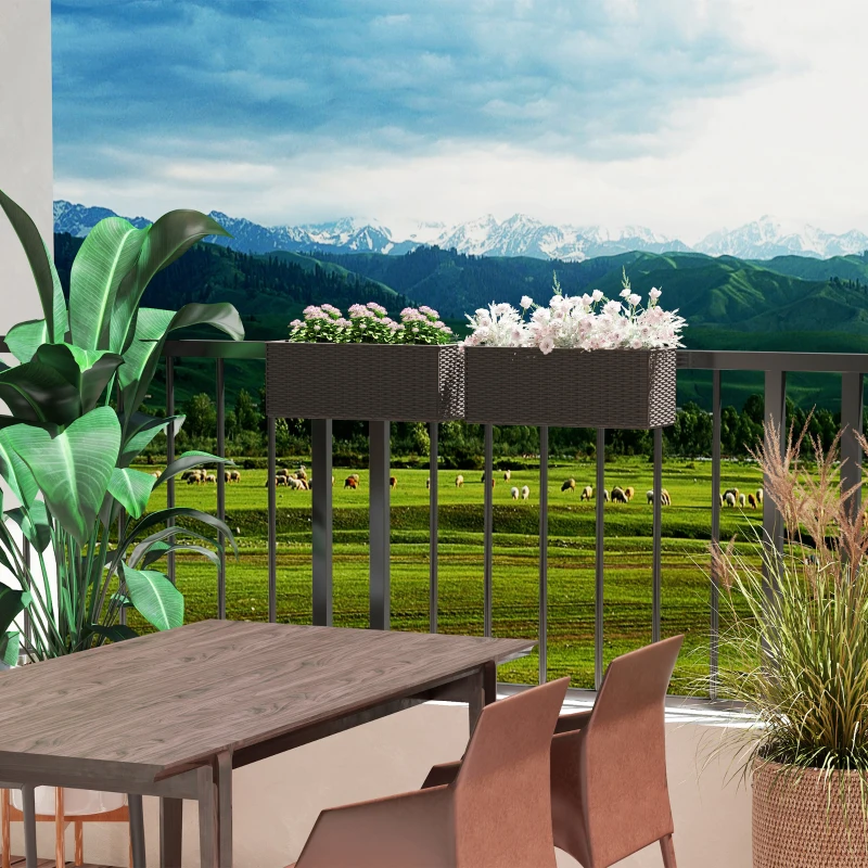 Outsunny 2 Pack 20 Inch Hanging Flower Pots, Railing Planter Box for Fence, Garden, Rattan Look, Brown