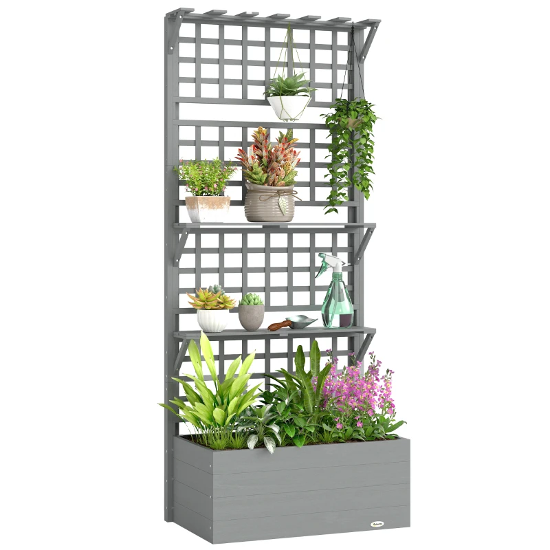 Outsunny Wooden Raised Garden Bed with Trellis and Roof, Elevated Planter Box with 2 Shelves, Drainage Hole and Liner, Grey