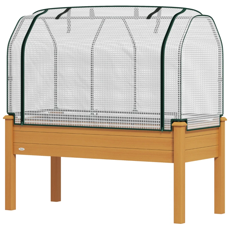 Outsunny Raised Garden Bed with PE Greenhouse Cover Outdoor Elevated Wood Planter Box for Herbs and Vegetables Sand