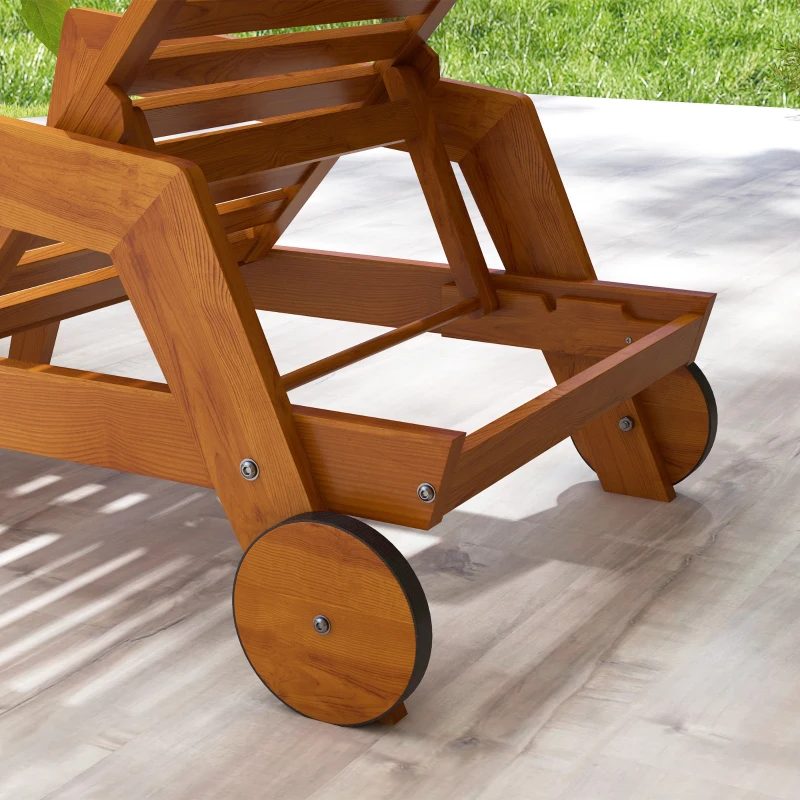 Outsunny Wood Lounge Chair Outdoor Tanning Chair with Wheels, 3-Position Adjustable Backrest and Armrests, Orange