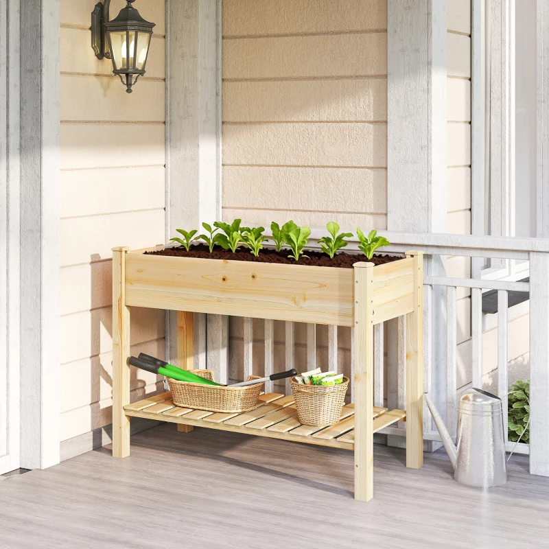 Outsunny Elevated Planter Box with Legs and Storage Shelf, Raised Garden Bed, Elevated Wooden Planter Box, Natural