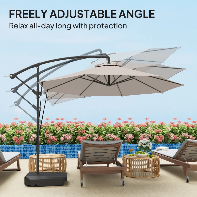 Outsunny 10FT Cantilever Umbrella with Fillable Base, Wind Strap and Cover, Offset Hanging Umbrella with Crank, Cream White