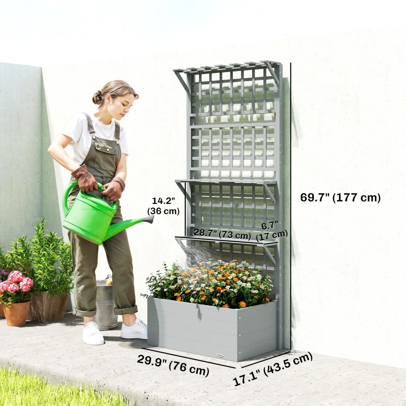 Outsunny Wooden Raised Garden Bed with Trellis and Roof, Elevated Planter Box with 2 Shelves, Drainage Hole and Liner, Grey