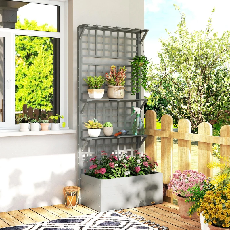 Outsunny Wooden Raised Garden Bed with Trellis and Roof, Elevated Planter Box with 2 Shelves, Drainage Hole and Liner, Grey
