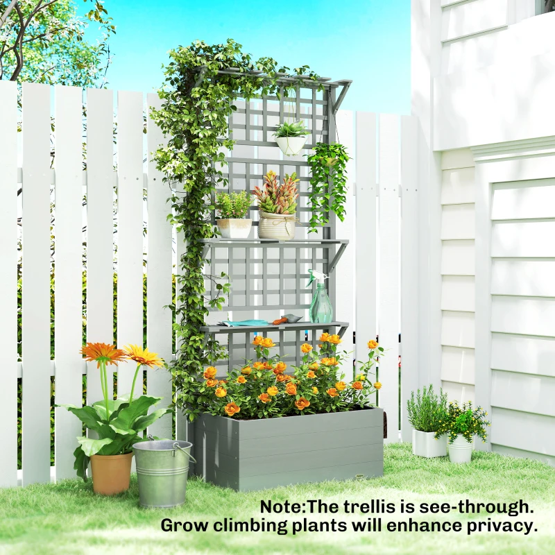 Outsunny Wooden Raised Garden Bed with Trellis and Roof, Elevated Planter Box with 2 Shelves, Drainage Hole and Liner, Grey