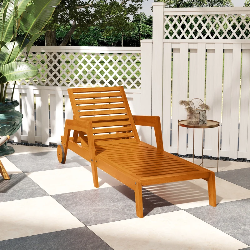 Outsunny Wood Lounge Chair Outdoor Tanning Chair with Wheels, 3-Position Adjustable Backrest and Armrests, Orange