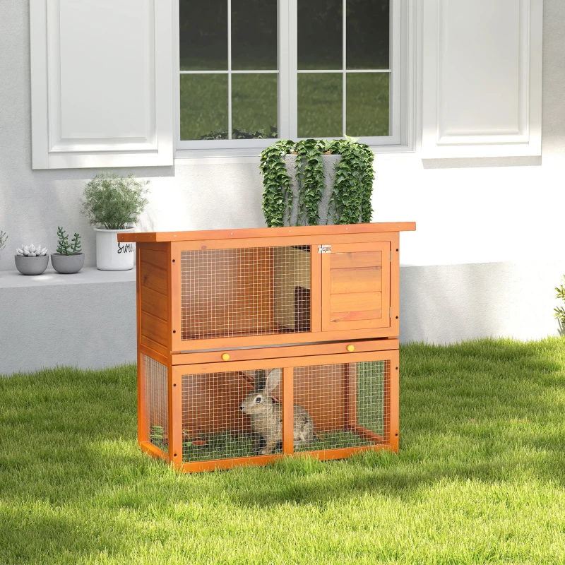 PawHut Wooden Rabbit Hutch, Indoor Outdoor Bunny Cage with Run, 2- Level Guinea Pig House with Slide-Out Tray, Waterproof Roof, Yellow