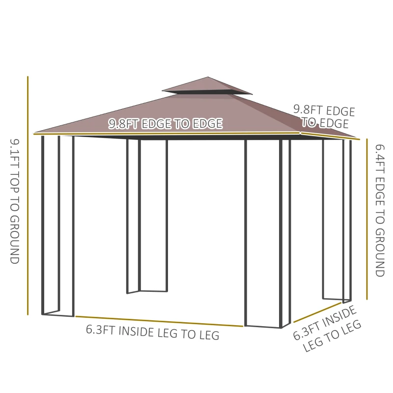Outsunny 10' x 10' Metal Patio Gazebo, Double Roof Outdoor Gazebo Canopy Shelter with Tree Motifs Corner Frame and Netting, for Garden, Lawn, Backyard, and Deck, Brown