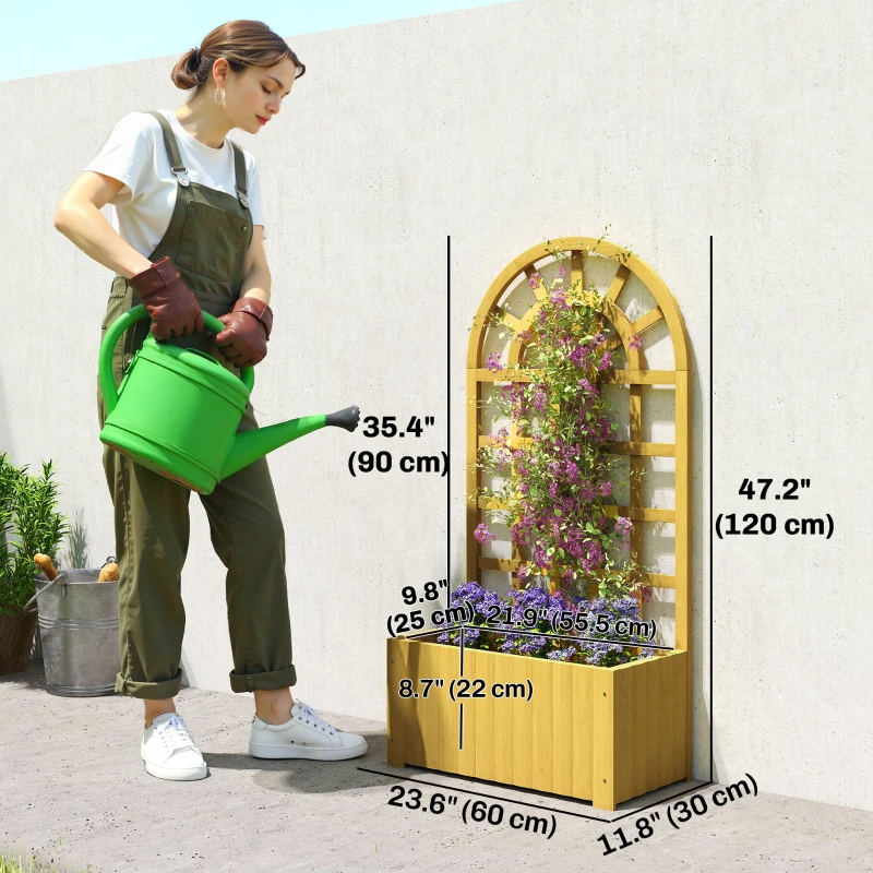 Outsunny Wooden Raised Garden Bed with Lattice Trellis, Outdoor Elevated Planter Box with Drainage Holes for Climbing Plants