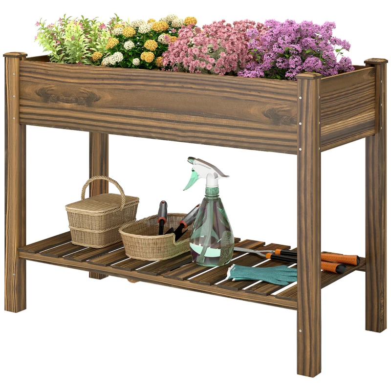Outsunny Elevated Planter Box w/ Legs and Storage Shelf, Raised Garden Bed, Elevated Wooden Planter Box, Carbonized