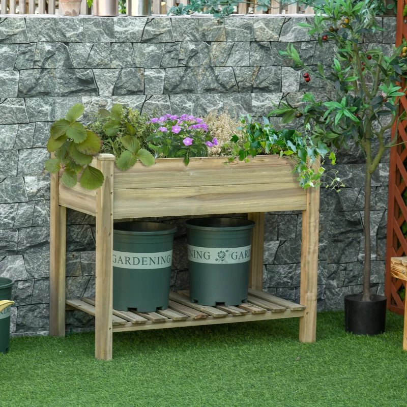 Outsunny Elevated Planter Box with Legs and Storage Shelf, Raised Garden Bed, Elevated Wooden Planter Box, Green