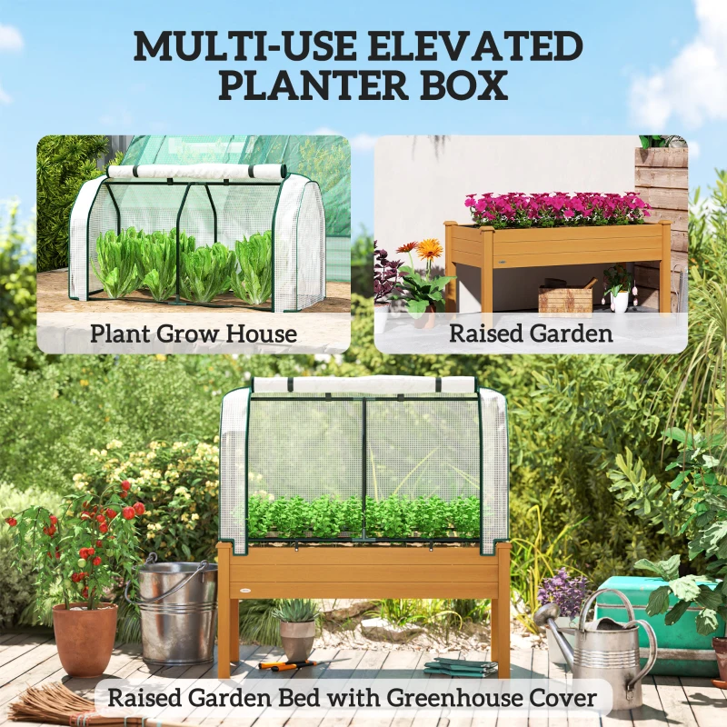 Outsunny Raised Garden Bed with PE Greenhouse Cover Outdoor Elevated Wood Planter Box for Herbs and Vegetables Sand