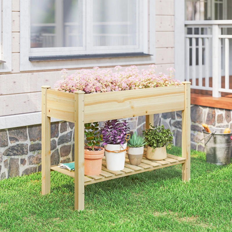 Outsunny Elevated Planter Box with Legs and Storage Shelf, Raised Garden Bed, Elevated Wooden Planter Box, Natural