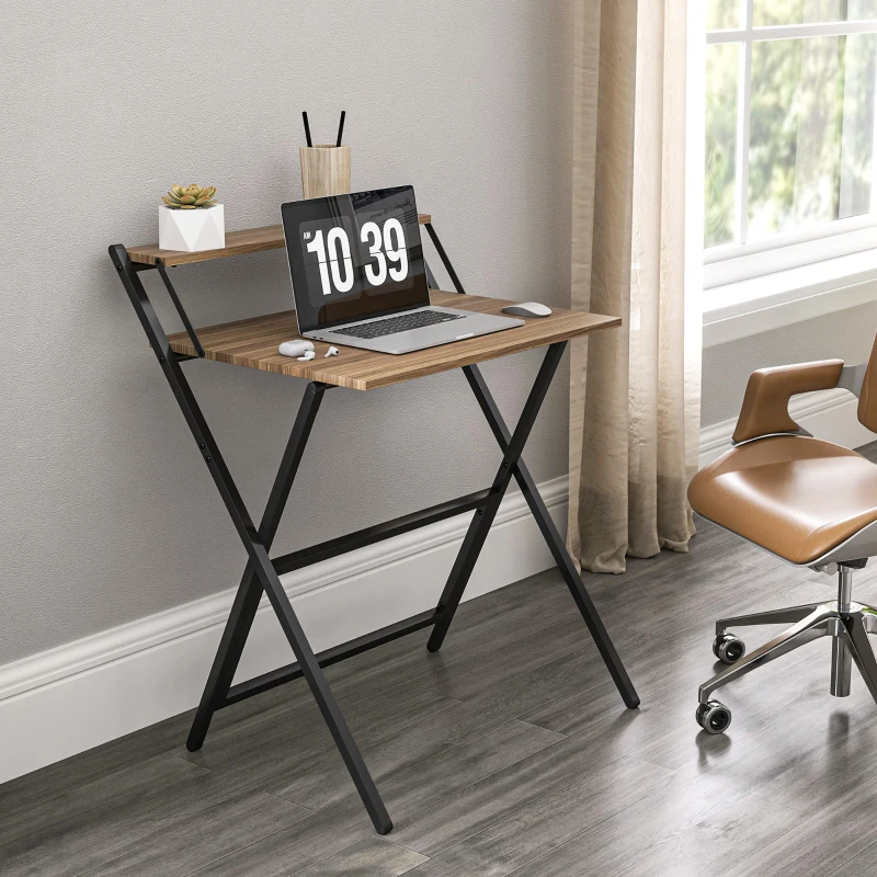 HOMCOM Folding Computer Desk, 27.6" Foldable Desk with Monitor Shelf for Small Space, Home Office, Study, Easy Assembly, Walnut