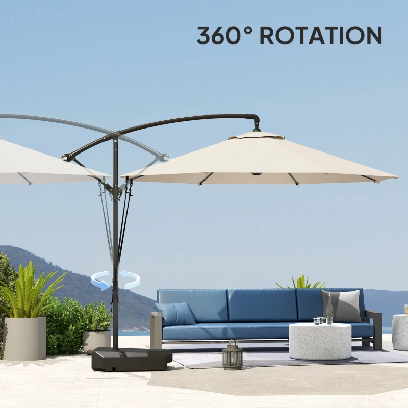 Outsunny 10FT Cantilever Umbrella with Fillable Base, Wind Strap and Cover, Offset Hanging Umbrella with Crank, Cream White