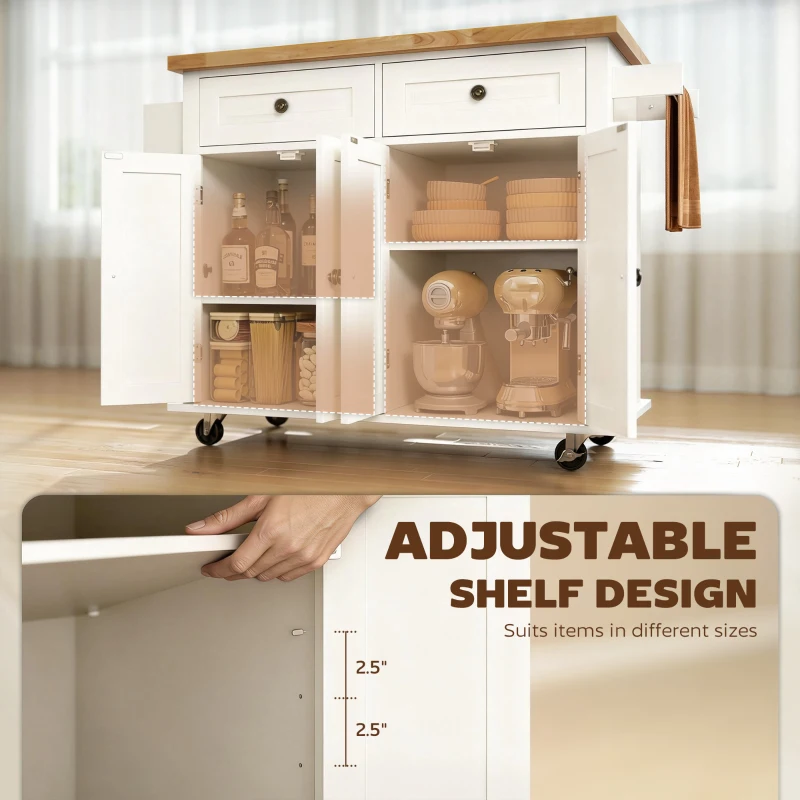 HOMCOM Kitchen Island Cart with Rubber Wood Top, Rolling Kitchen Island Table on Wheels with Drawers, Adjustable Shelves, Spice Rack and Towel Rack for Dining Room, White