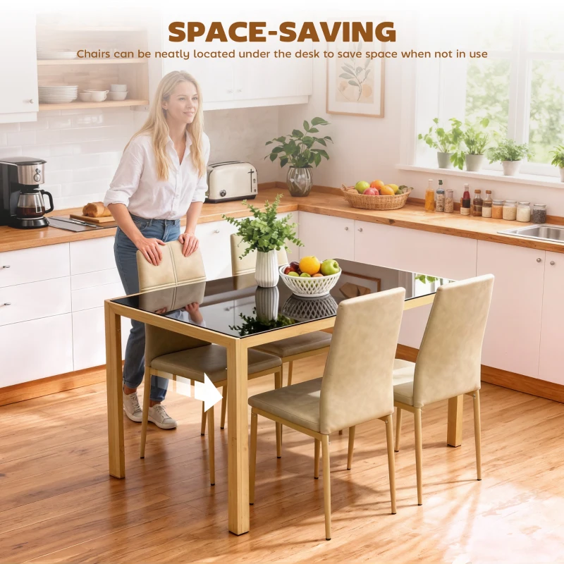 HOMCOM 3-Piece Rectangular Glass Kitchen Table and Chairs with Metal Frame and Faux Leather Upholstery for Dining Room