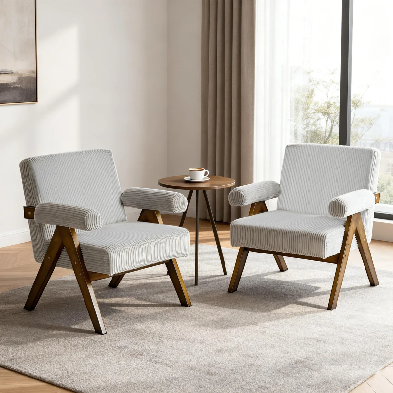 HOMCOM Corduroy Accent Chair Armchair with Wide Seat and Soft Padded Armrests for Reading, Bedroom, Light Grey