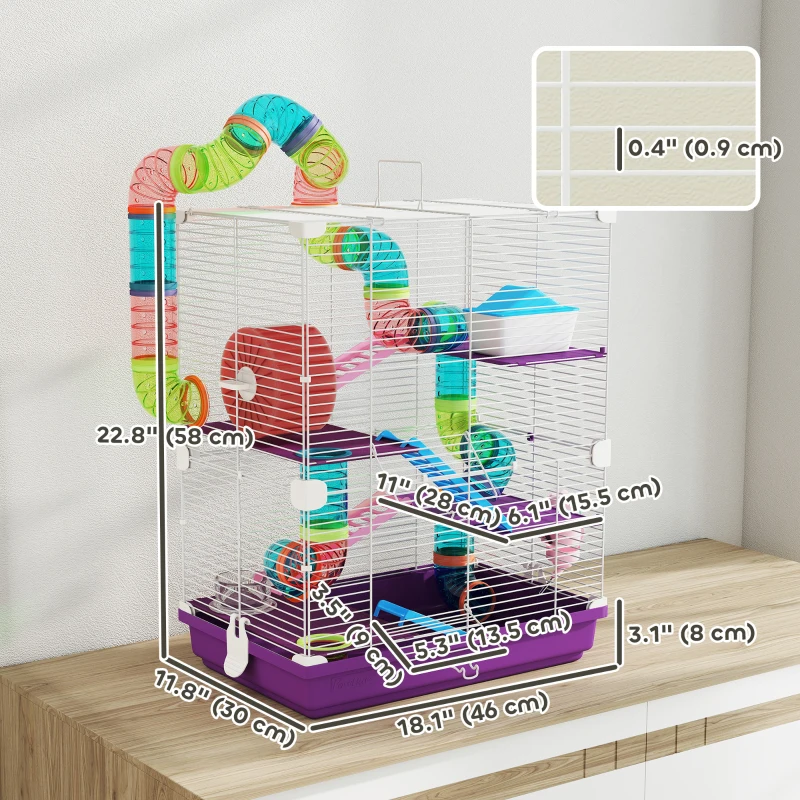PawHut 5 Tiers Hamster Cage Portable with Exercise Wheels Play Tube Water Bottle Dishes House Ladder for Gerbils, Purple