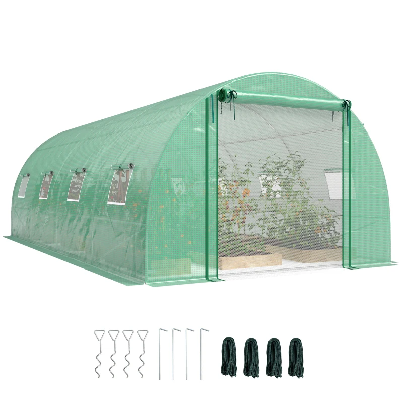 Outsunny Walk-in Tunnel Greenhouse with 2 Support Rods, Mesh Door, Plant Hot House with PE Cover, 20'x10'x7', Green