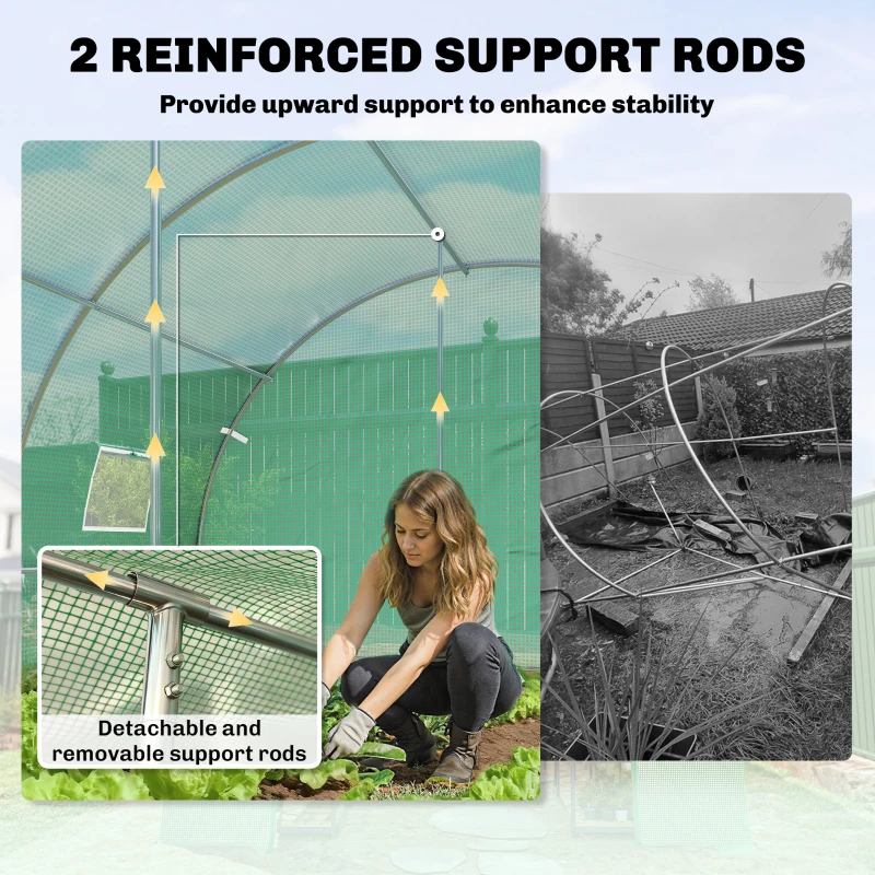 Outsunny Walk-in Tunnel Greenhouse with 2 Support Rods, Mesh Door, Plant Hot House with PE Cover, 20'x10'x7', Green
