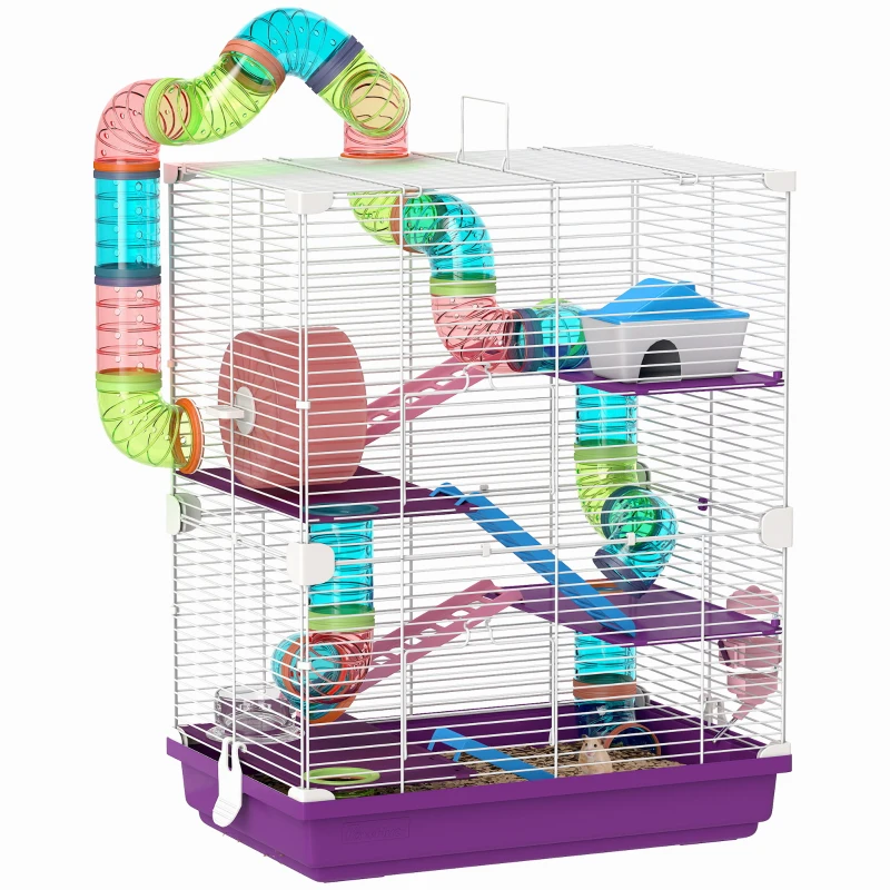 PawHut 5 Tiers Hamster Cage Portable with Exercise Wheels Play Tube Water Bottle Dishes House Ladder for Gerbils, Purple