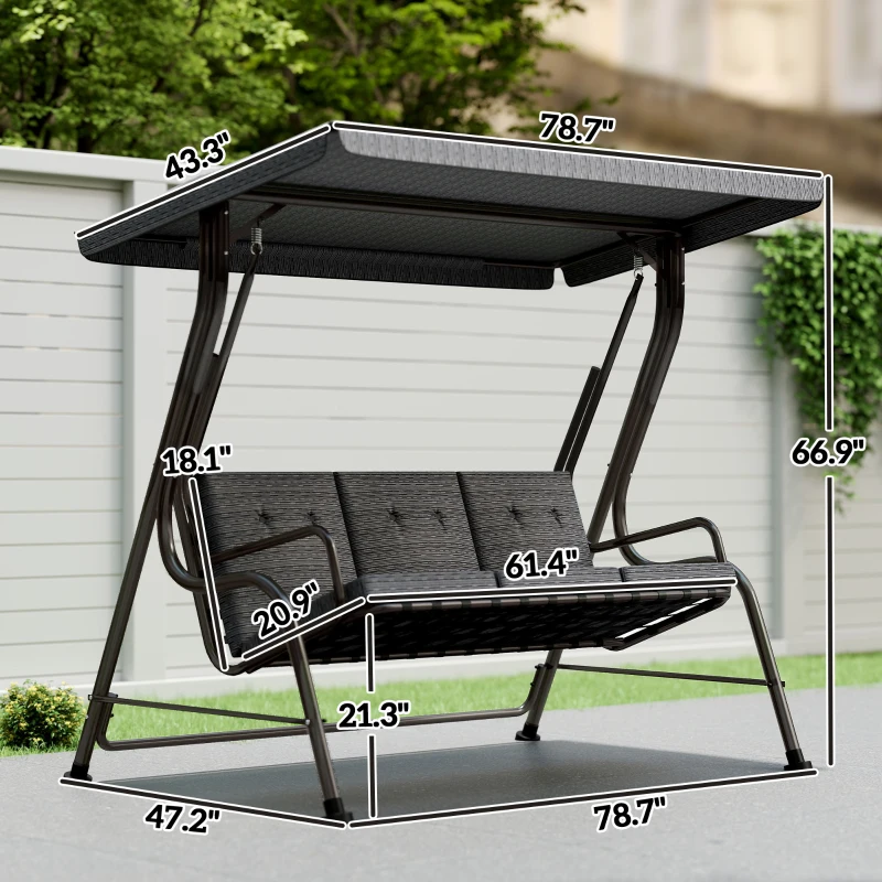 Outsunny 3-Seat Patio Swing Chair, Outdoor Swing Glider with Adjustable Canopy, Removable Thicken Cushion, and Weather Resistant Steel Frame, for Garden, Poolside, Backyard, Black