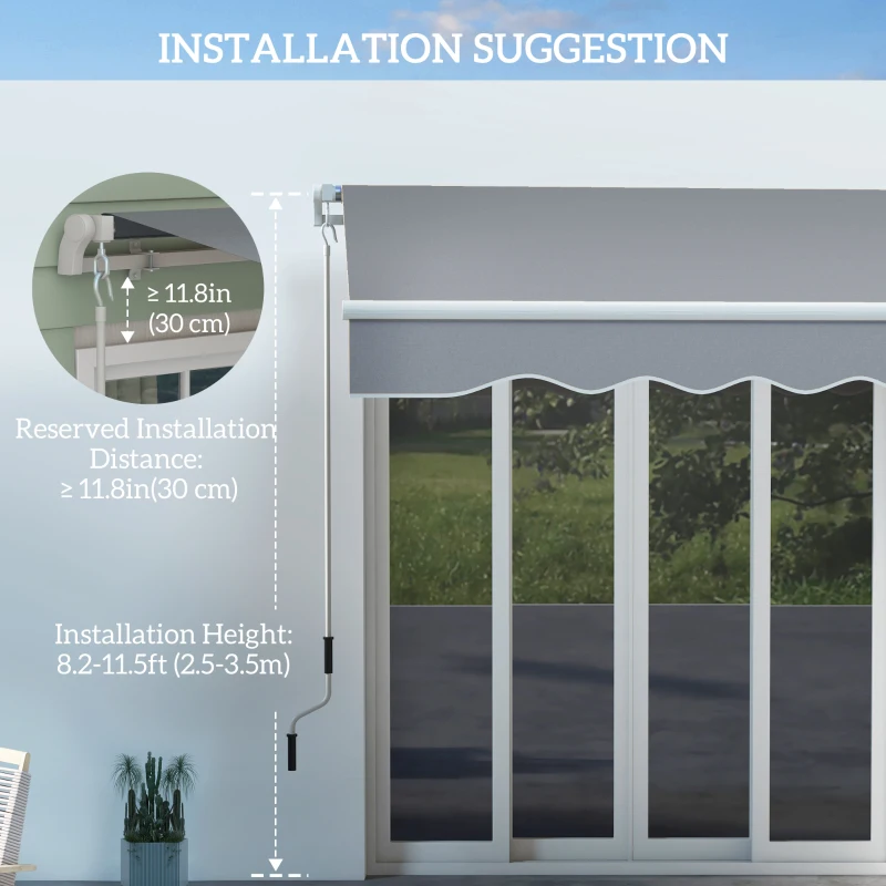 Outsunny 10x8ft Patio Awning Manual Retractable Sun Shade Aluminum Frame Grey