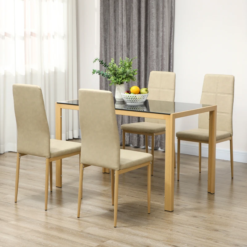 HOMCOM 3-Piece Rectangular Glass Kitchen Table and Chairs with Metal Frame and Faux Leather Upholstery for Dining Room