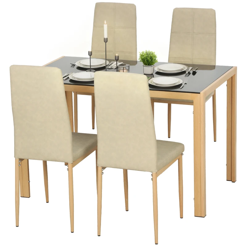HOMCOM 3-Piece Rectangular Glass Kitchen Table and Chairs with Metal Frame and Faux Leather Upholstery for Dining Room