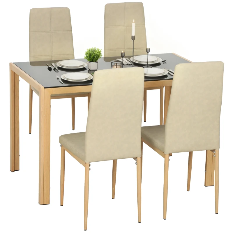HOMCOM 3-Piece Rectangular Glass Kitchen Table and Chairs with Metal Frame and Faux Leather Upholstery for Dining Room