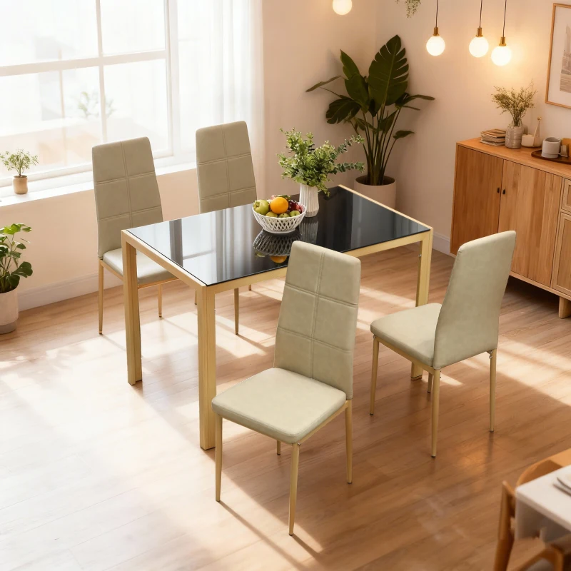 HOMCOM 3-Piece Rectangular Glass Kitchen Table and Chairs with Metal Frame and Faux Leather Upholstery for Dining Room