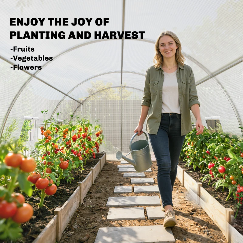 Outsunny Walk-in Tunnel Greenhouse with 2 Support Rods, Mesh Door, Plant Hot House with PE Cover, 20'x10'x7', White