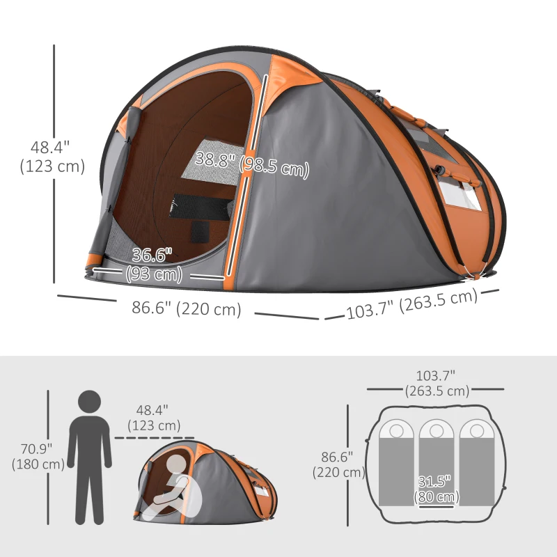 Outsunny 4 Person Camping Tent, Easy Pop Up Tent with Doors, Windows and Carry Bag, Automatic Setup Tent for Hiking, Orange