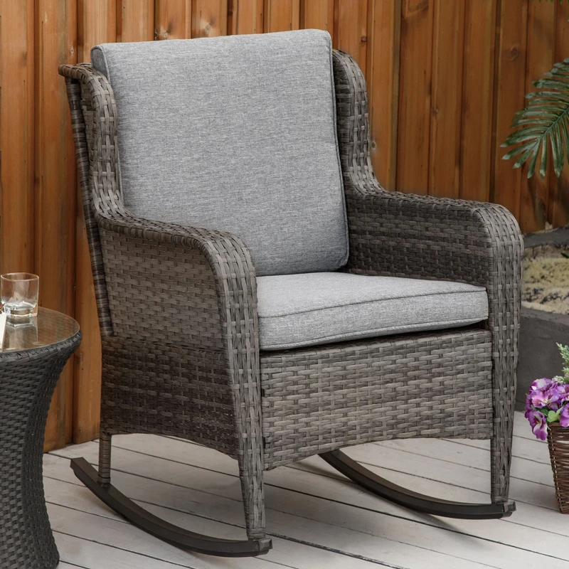 Outsunny Outdoor Wicker Rocking Chair, PE Rattan Porch Rocker with Cushions, Grey