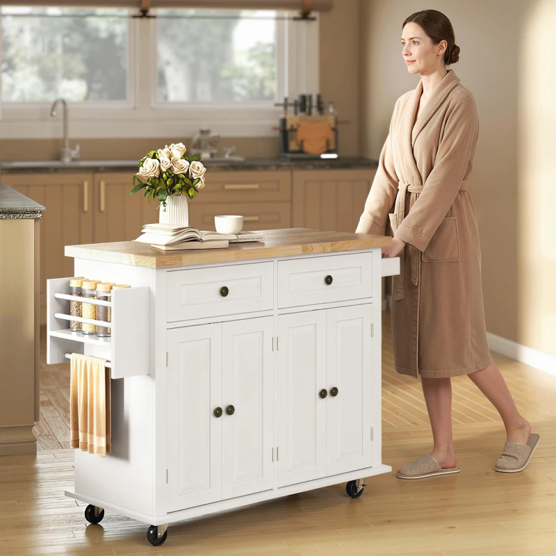 HOMCOM Kitchen Island Cart with Rubber Wood Top, Rolling Kitchen Island Table on Wheels with Drawers, Adjustable Shelves, Spice Rack and Towel Rack for Dining Room, White