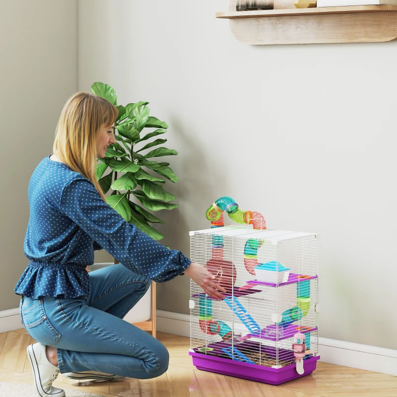 PawHut 5 Tiers Hamster Cage Portable with Exercise Wheels Play Tube Water Bottle Dishes House Ladder for Gerbils, Purple