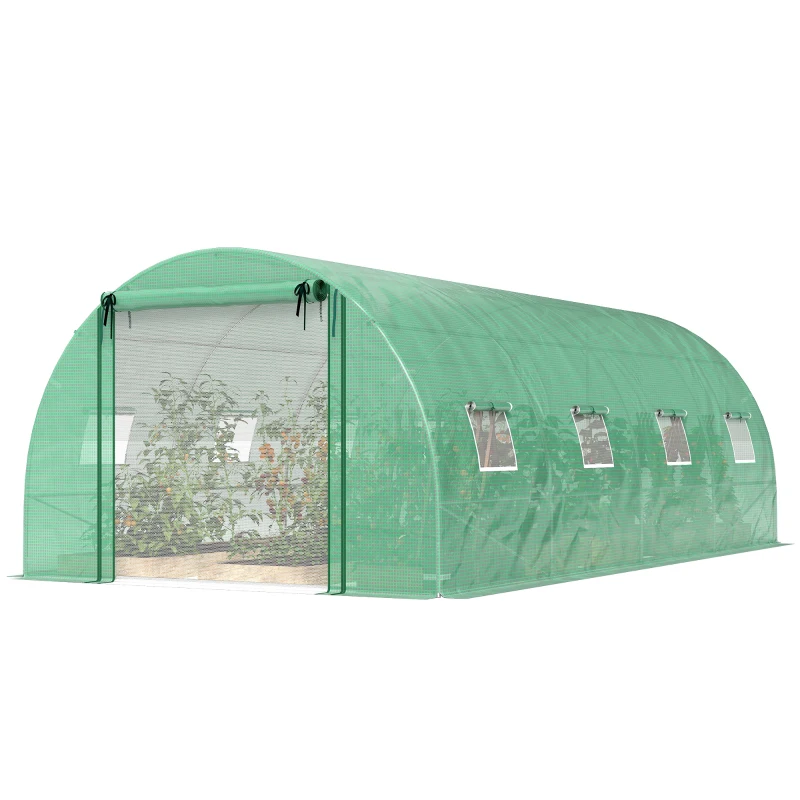 Outsunny Walk-in Tunnel Greenhouse with 2 Support Rods, Mesh Door, Plant Hot House with PE Cover, 20'x10'x7', Green
