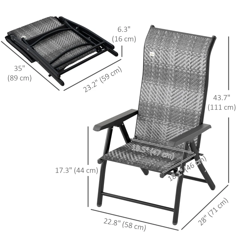 Outsunny 2PCs Outdoor Wicker Folding Chairs with Adjustable Backrest, Mixed Grey