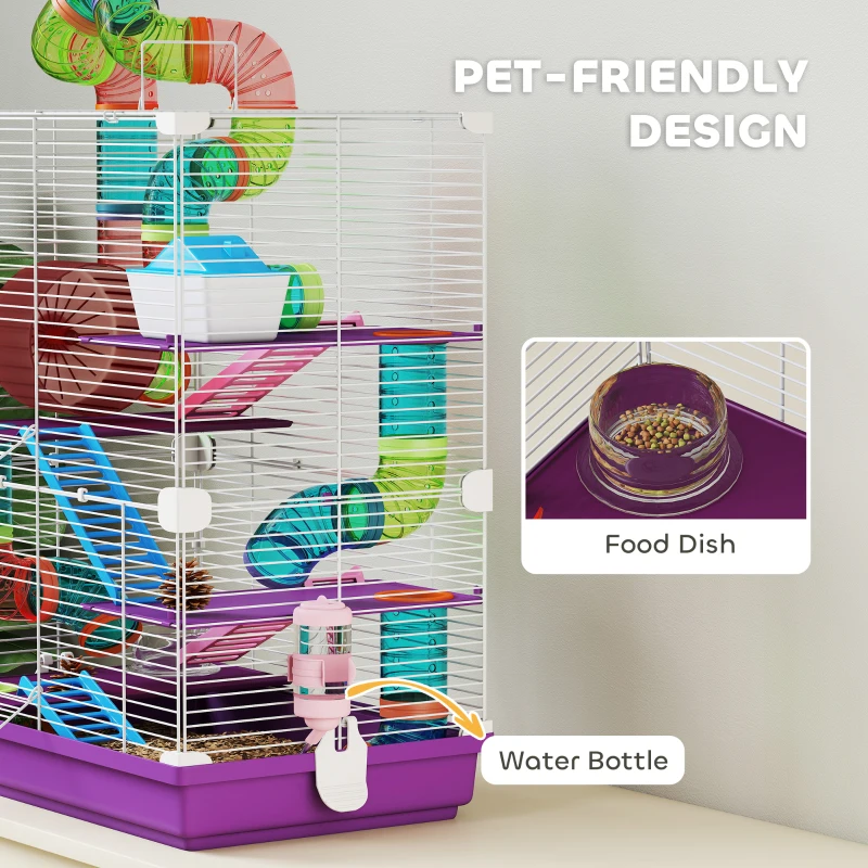 PawHut 5 Tiers Hamster Cage Portable with Exercise Wheels Play Tube Water Bottle Dishes House Ladder for Gerbils, Purple