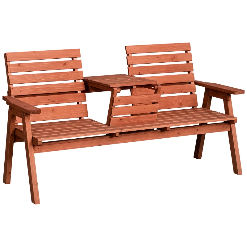 Outsunny 3-Seater Outdoor Bench with Convertible Middle Table, Garden Wooden Patio Loveseat with Middle Table for 2 Persons w/ Slatted Seat and Backrest, Armrests, Orange