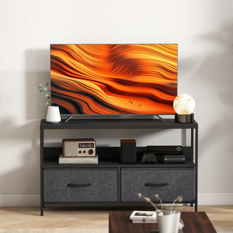 HOMCOM TV Stand with Charging Station, TV Table with 2 Foldable Linen Drawers and Open Shelf for 47 Inch Television, Black